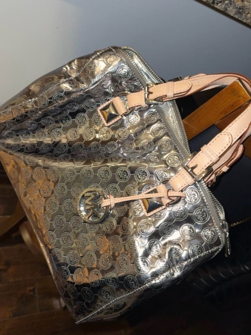 Michael Kors Metallic Silver Tote with Pale Pink Leather Handles